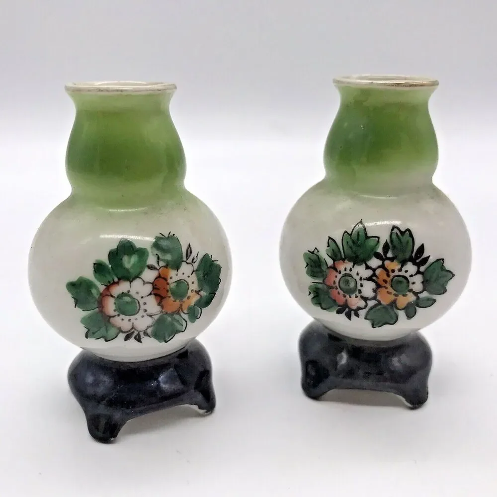 Pair Vintage Vase H KATO Miniature Footed Green Floral Occupied Japan Signed